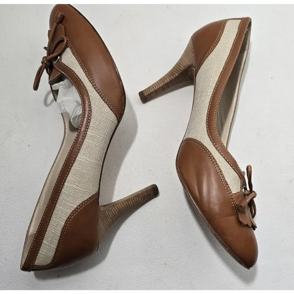 Brooks Brothers Spectator Heels Fringe & Bow Cognac/Natural Sz 7.5 M - Picture 6 of 9